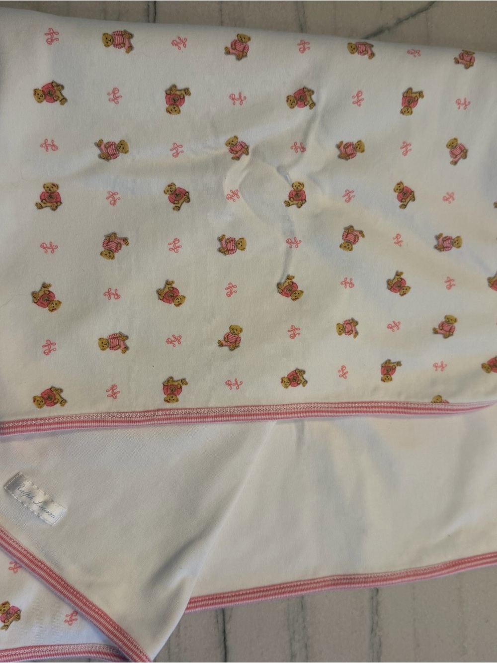 Ralph Lauren White & Pink Baby Blanket with Pink Trim